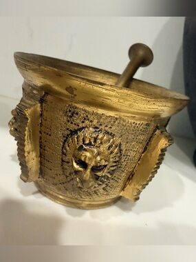 Vintage Brass Mortar and Pestle Victorian Lion Head